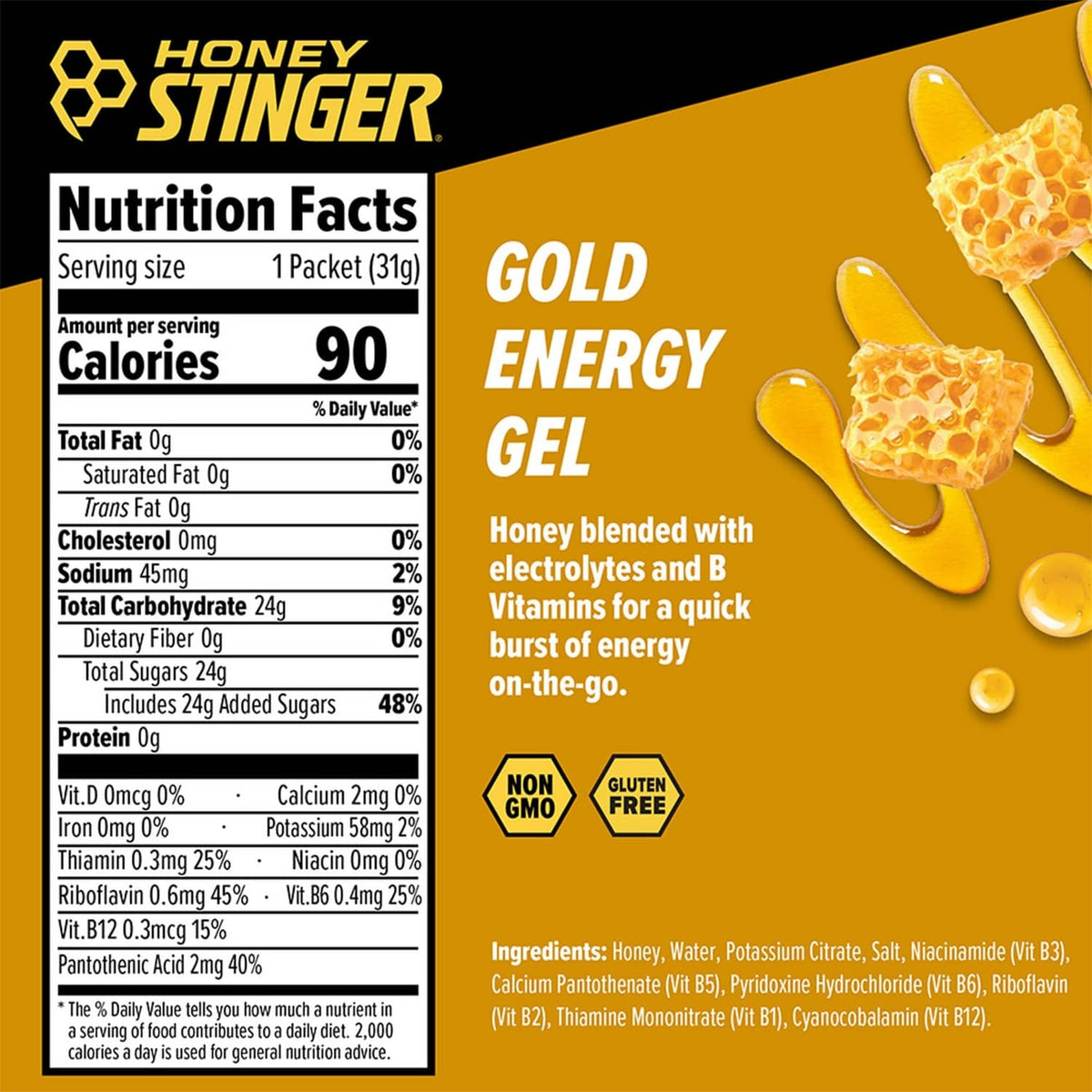 Gold energy gel nutrition facts panel with gluten-free and non-GMO icons