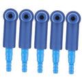 Set of five blue brake tubing connector pieces with circular ports and barbed ends