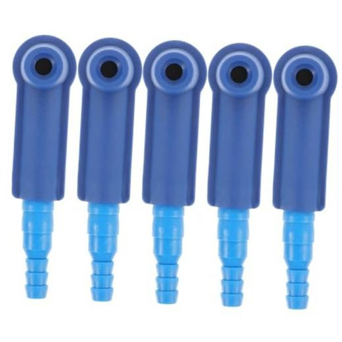 Set of five blue brake tubing connector pieces with circular ports and barbed ends