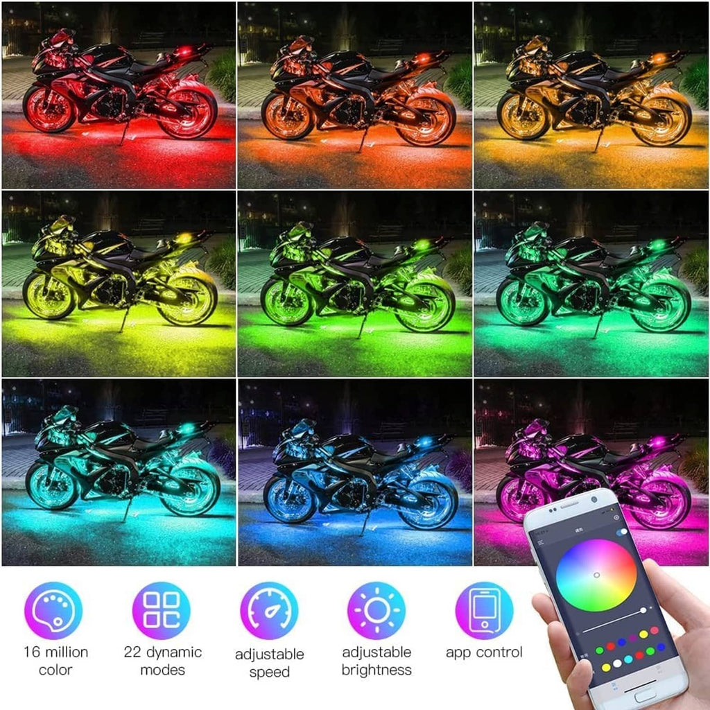 Motorcycle LED underglow kit showing multicolor light bars beneath the bike