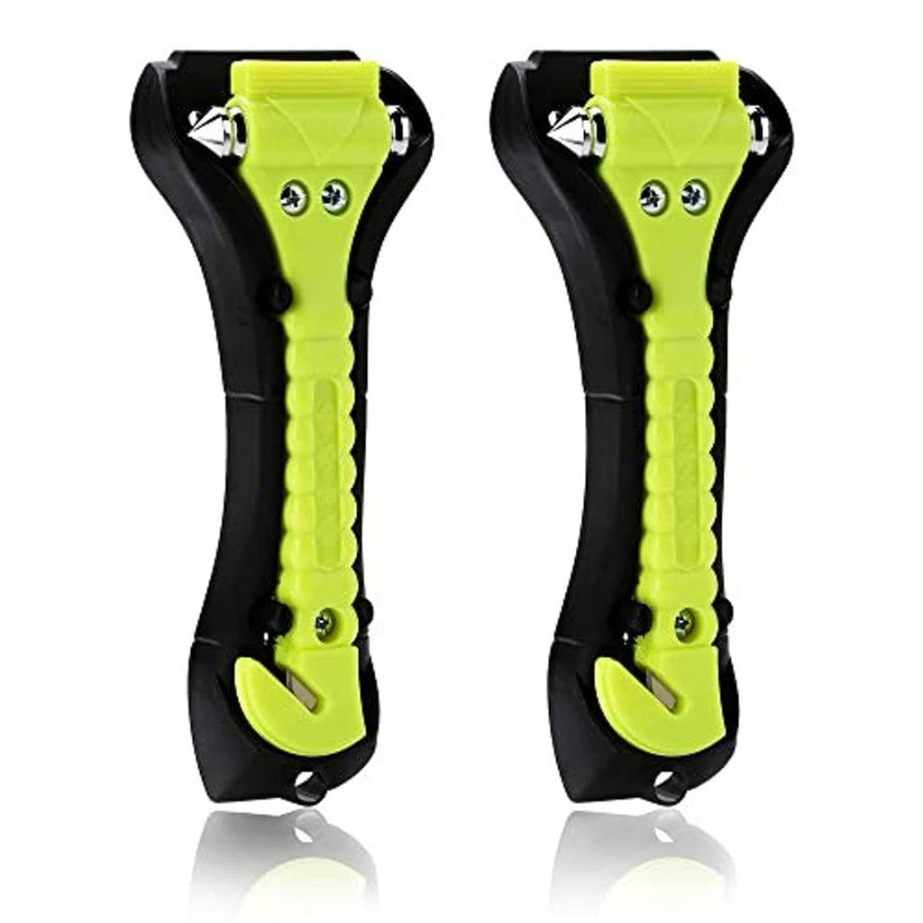Emergency car safety hammer with neon green body and black non-slip handle