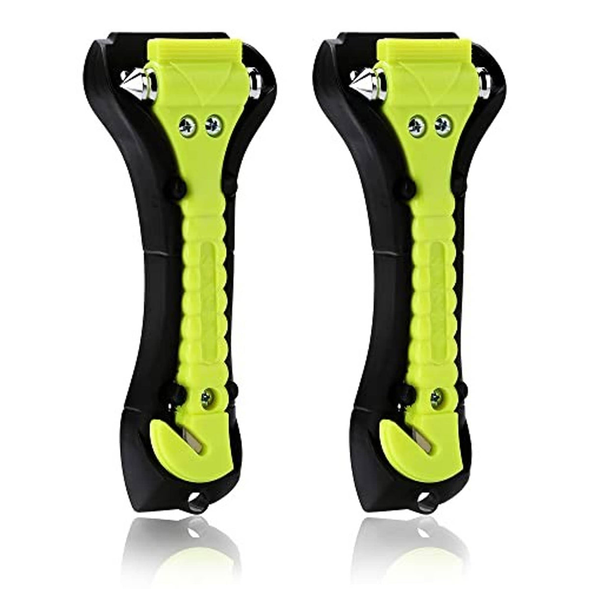 Emergency car safety hammer with neon green body and black non-slip handle
