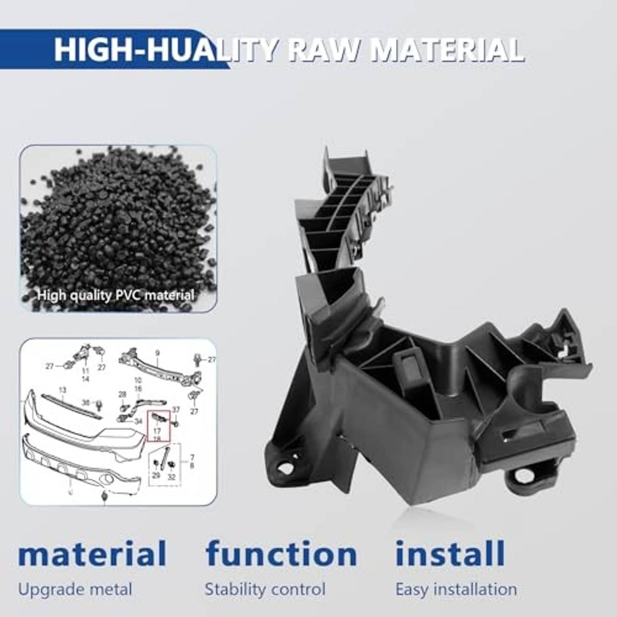 Black plastic headlight bracket mount support retainer kit piece, molded housing with holes