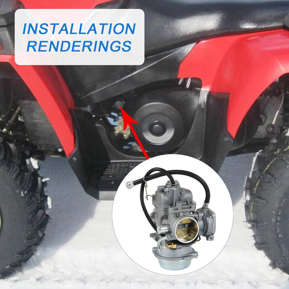 ATV carburetor installed near engine area, showing intake and hose connection