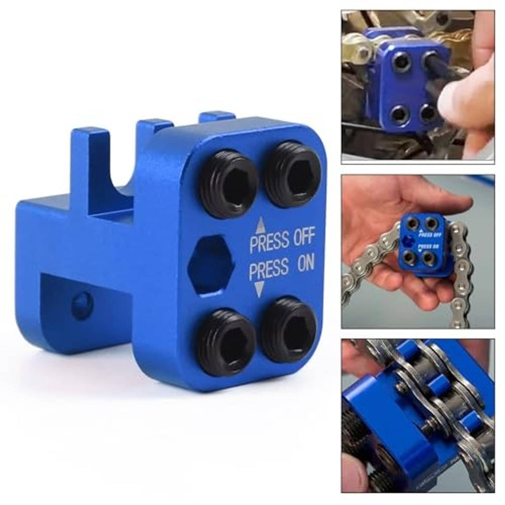 Blue chain link press tool shown in use with black dies and press off/on label