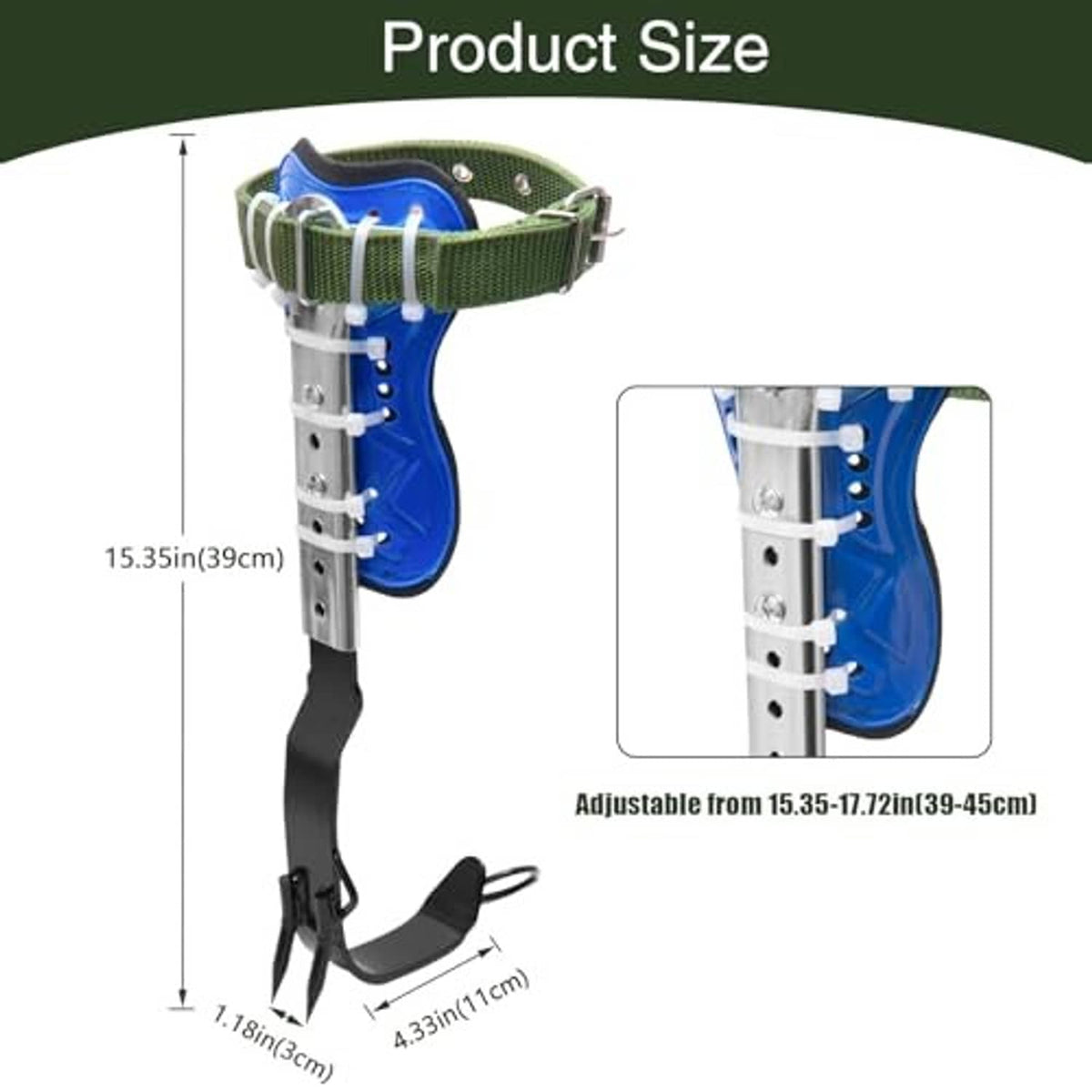 Adjustable tree climbing spikes with green belt, blue leg brace, black foot straps