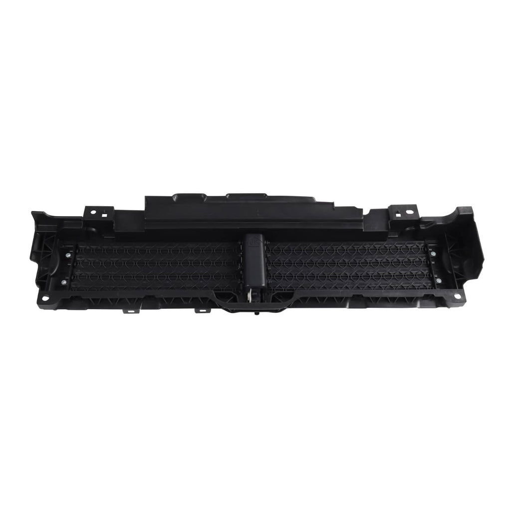 Black upper radiator grille air shutter backing panel with central actuator housing