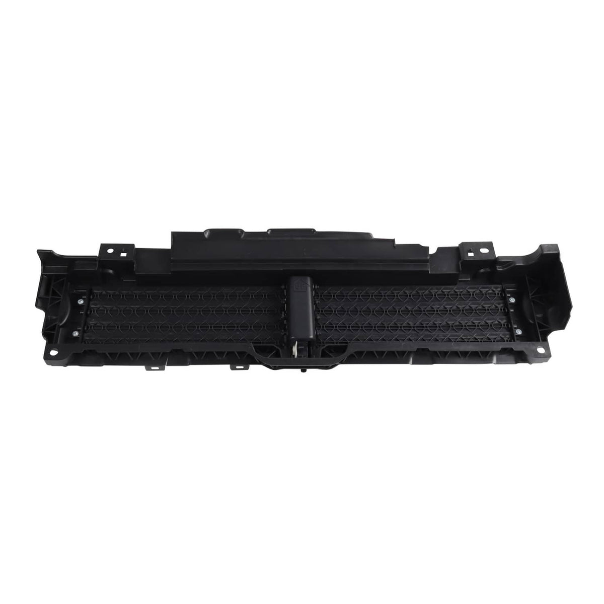 Black upper radiator grille air shutter backing panel with central actuator housing