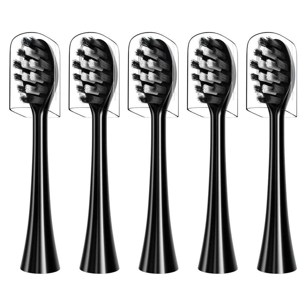 Black replacement toothbrush heads, 5-pack with visible bristle clusters and caps