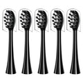 Black replacement toothbrush heads, 5-pack with visible bristle clusters and caps