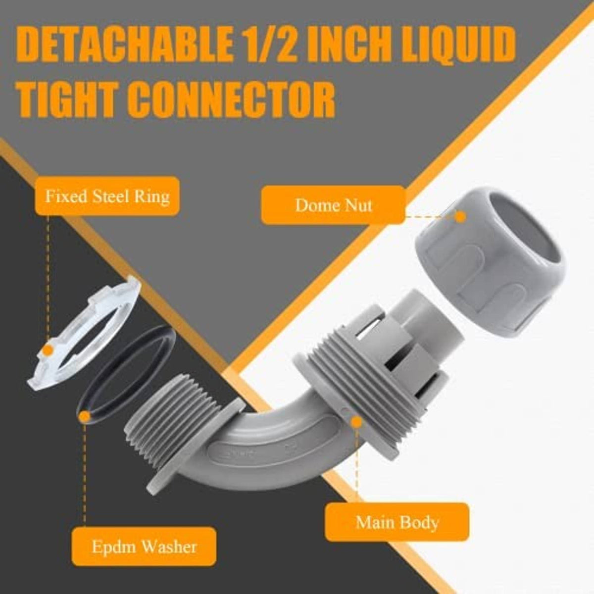 Gray liquid-tight conduit connector with dome nut and seal washer, detachable parts