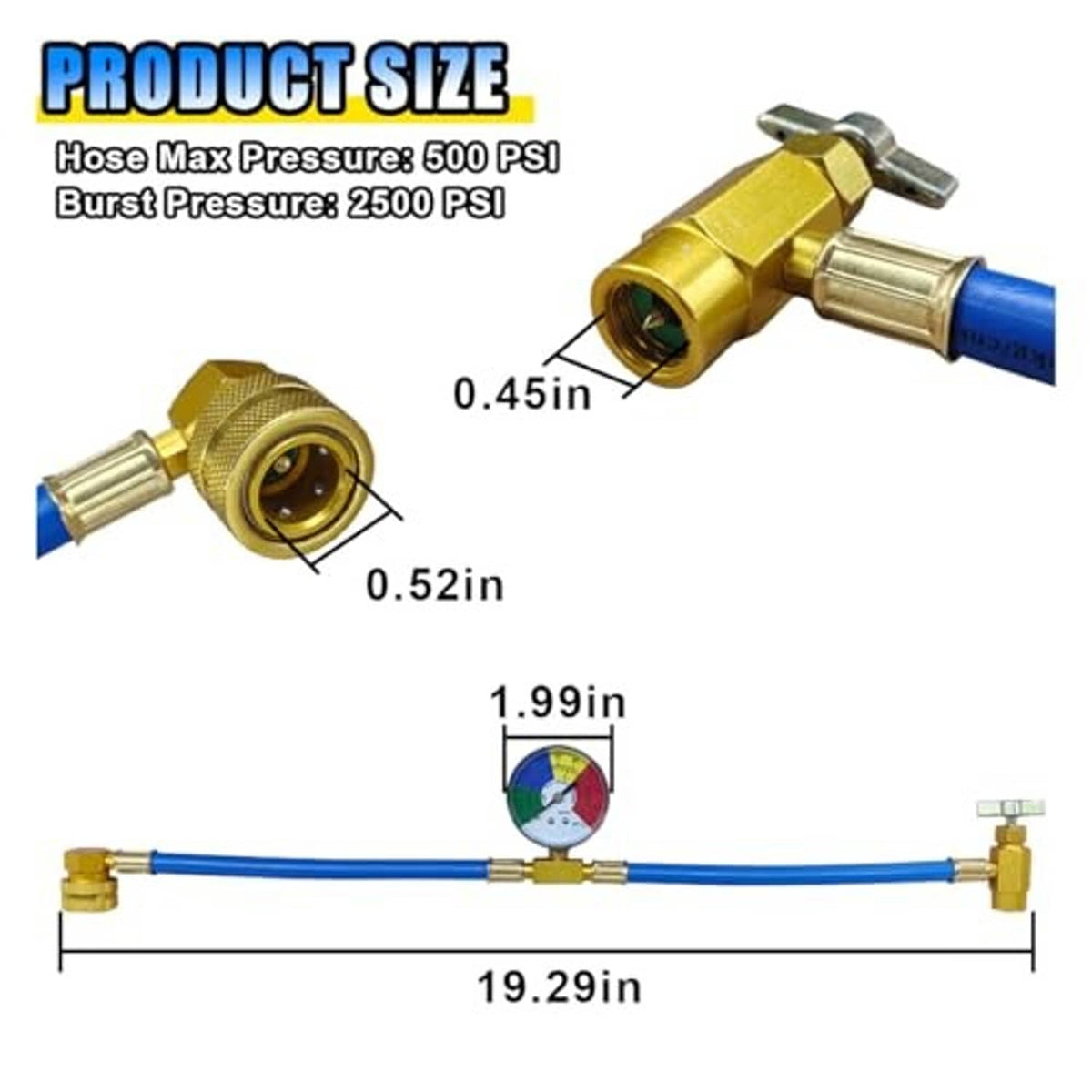 19 in blue A/C charge hose kit with brass connector and pressure gauge