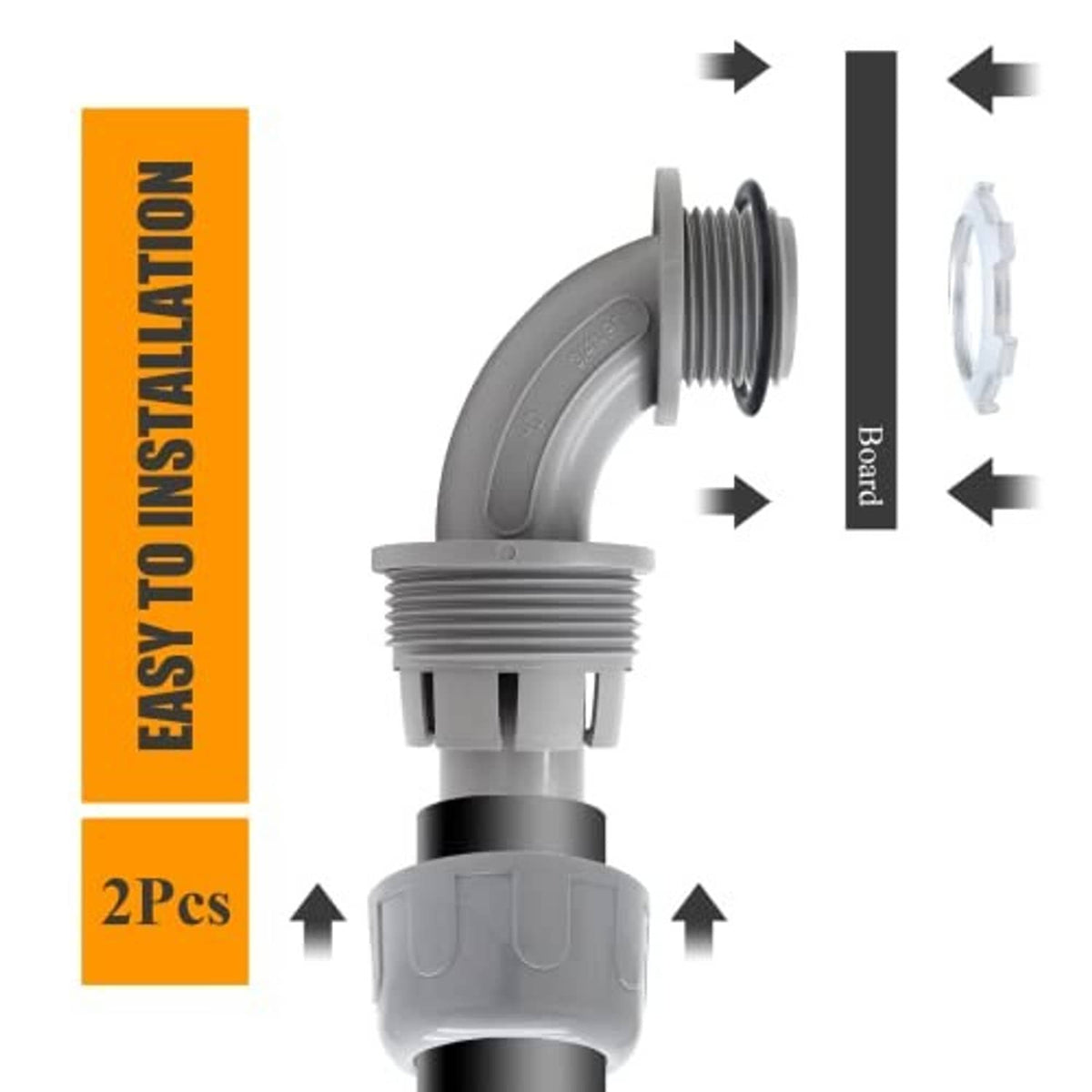 Gray 90-degree conduit connector with dome nut and base, easy installation, 2-pack