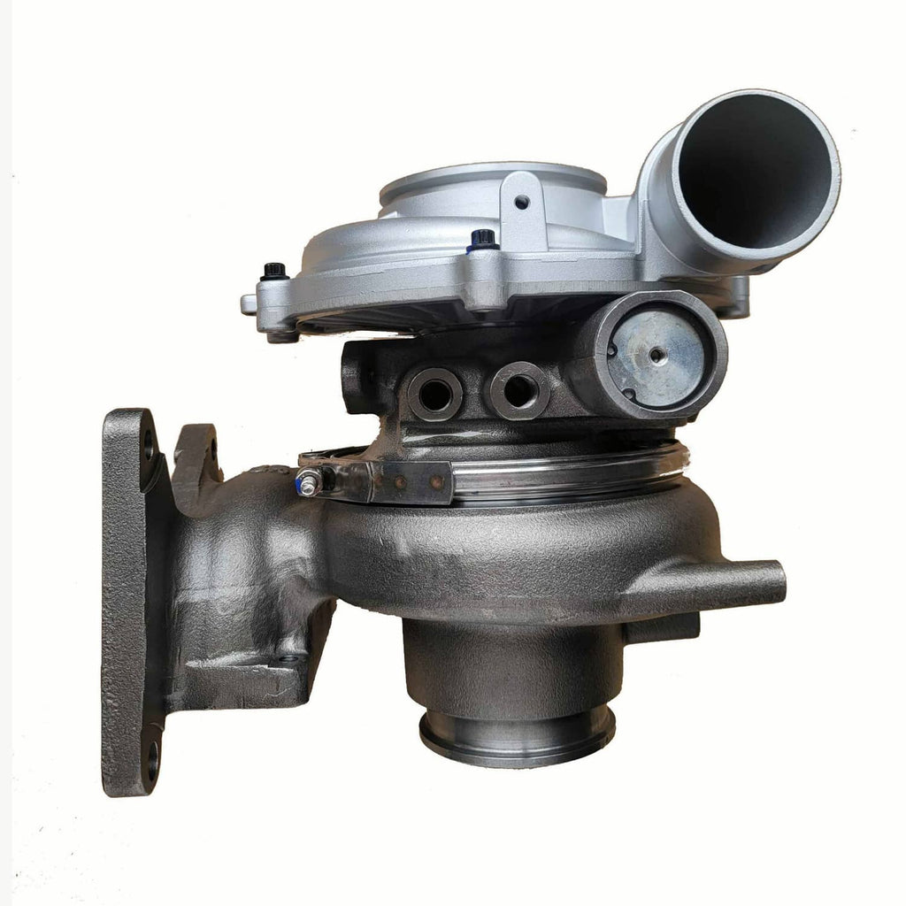 Turbocharger with downpipe flange and large inlet, rear three-quarter view