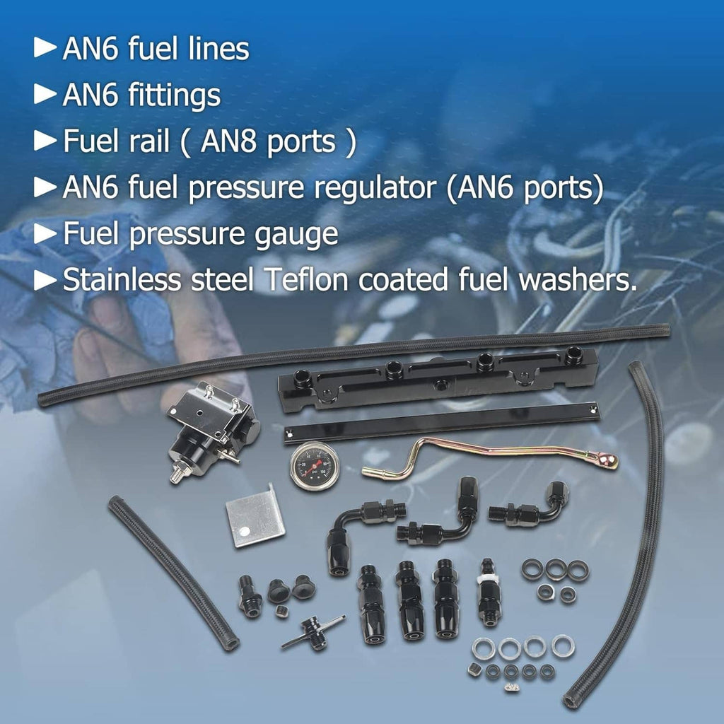 Fuel line system kit contents: black rail, fuel pressure regulator, gauge, braided hoses, fittings