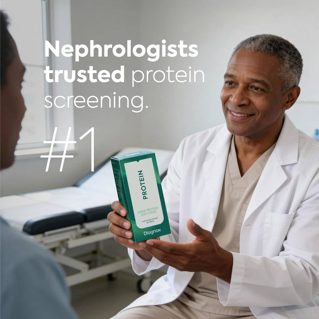 Urine protein test strips box held by a healthcare professional