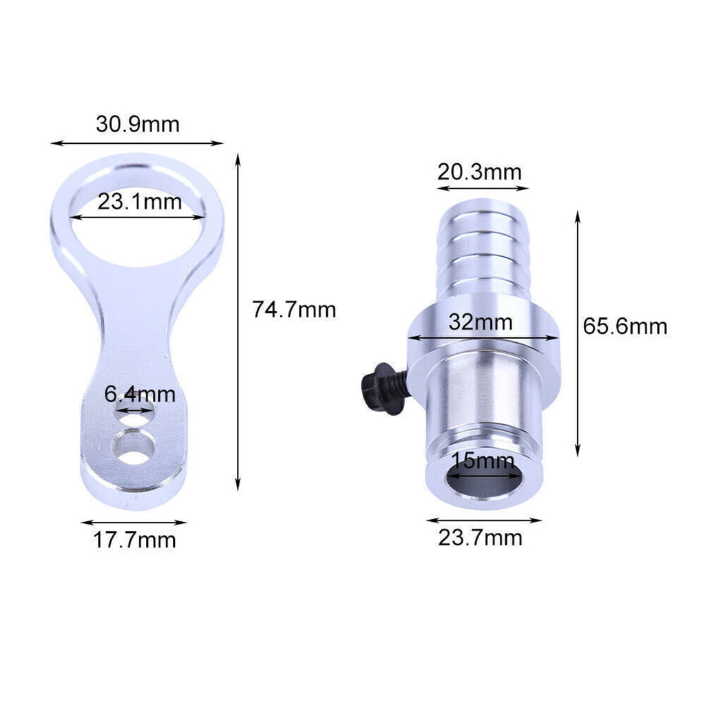 Hose barb adapter dimensions diagram with silver adapter and loop mounting bracket