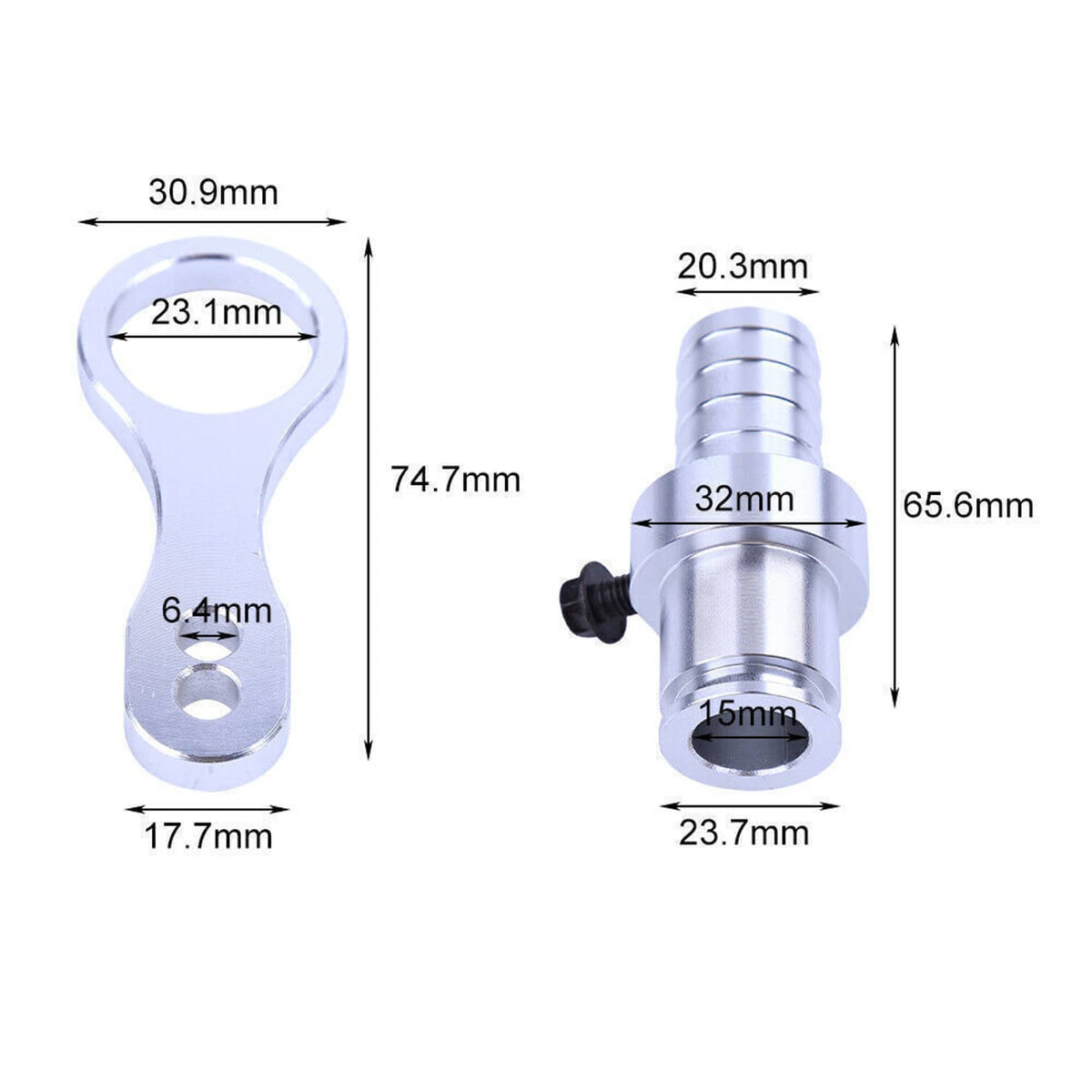 Hose barb adapter dimensions diagram with silver adapter and loop mounting bracket