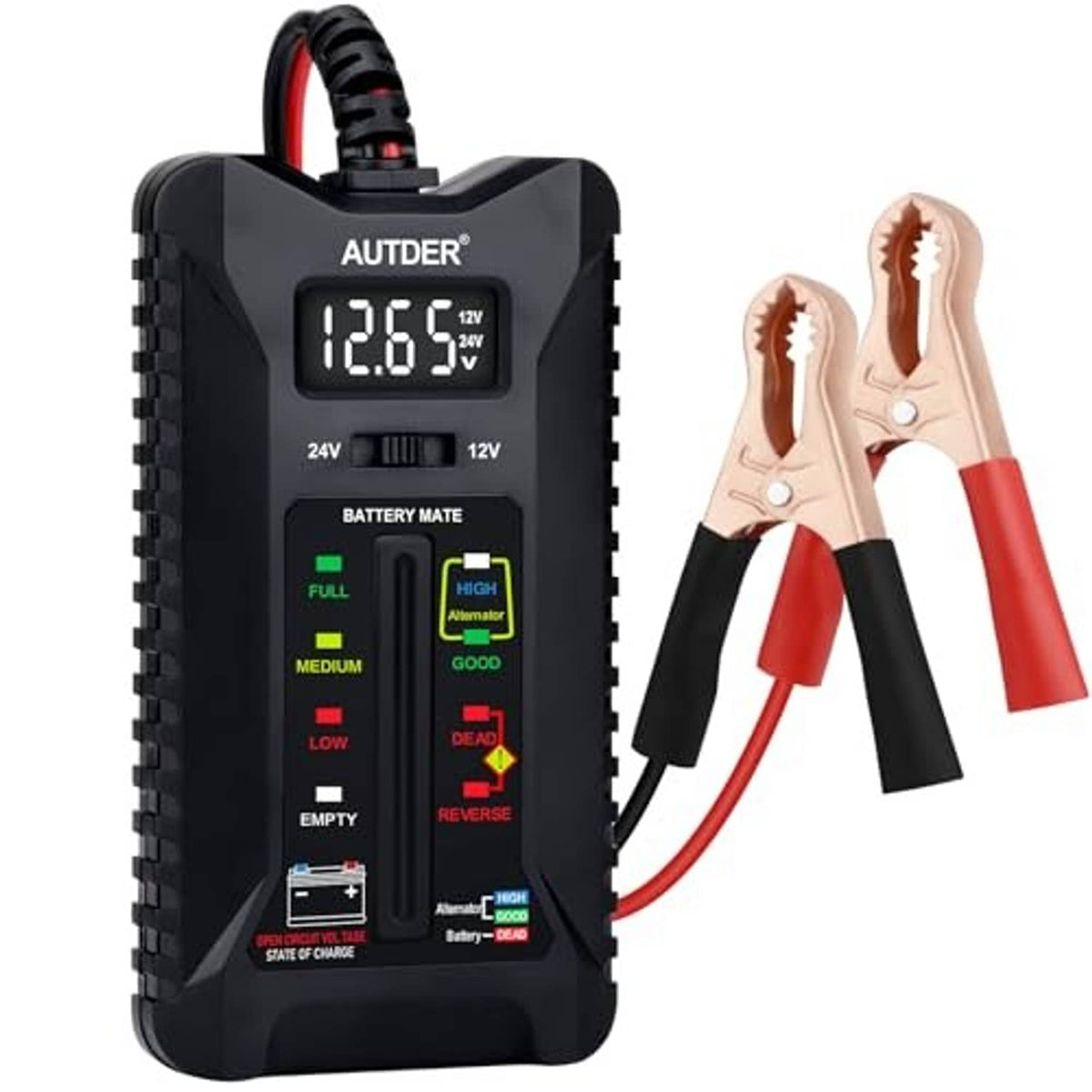 Digital battery and alternator tester with LCD display and red/black battery clamps, black
