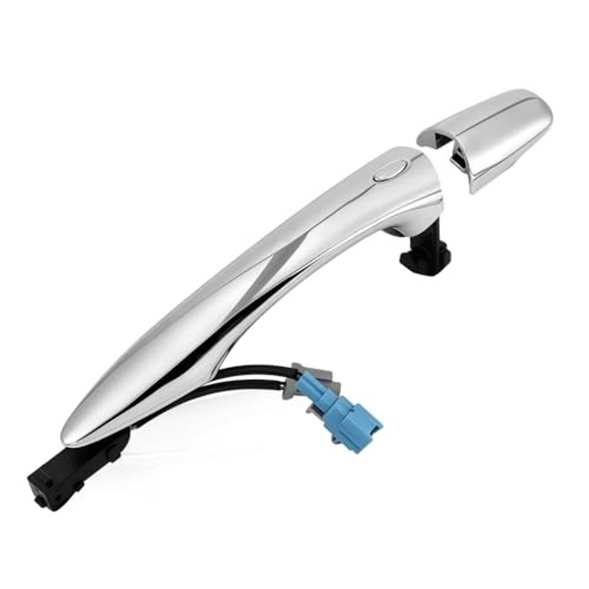 Chrome front right exterior door handle with blue wiring connector and oval button