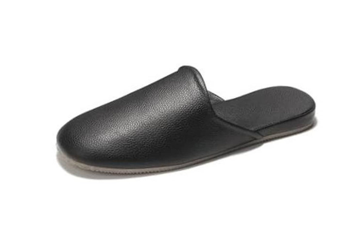 Black leather slip-on slippers with smooth upper and wide open heel