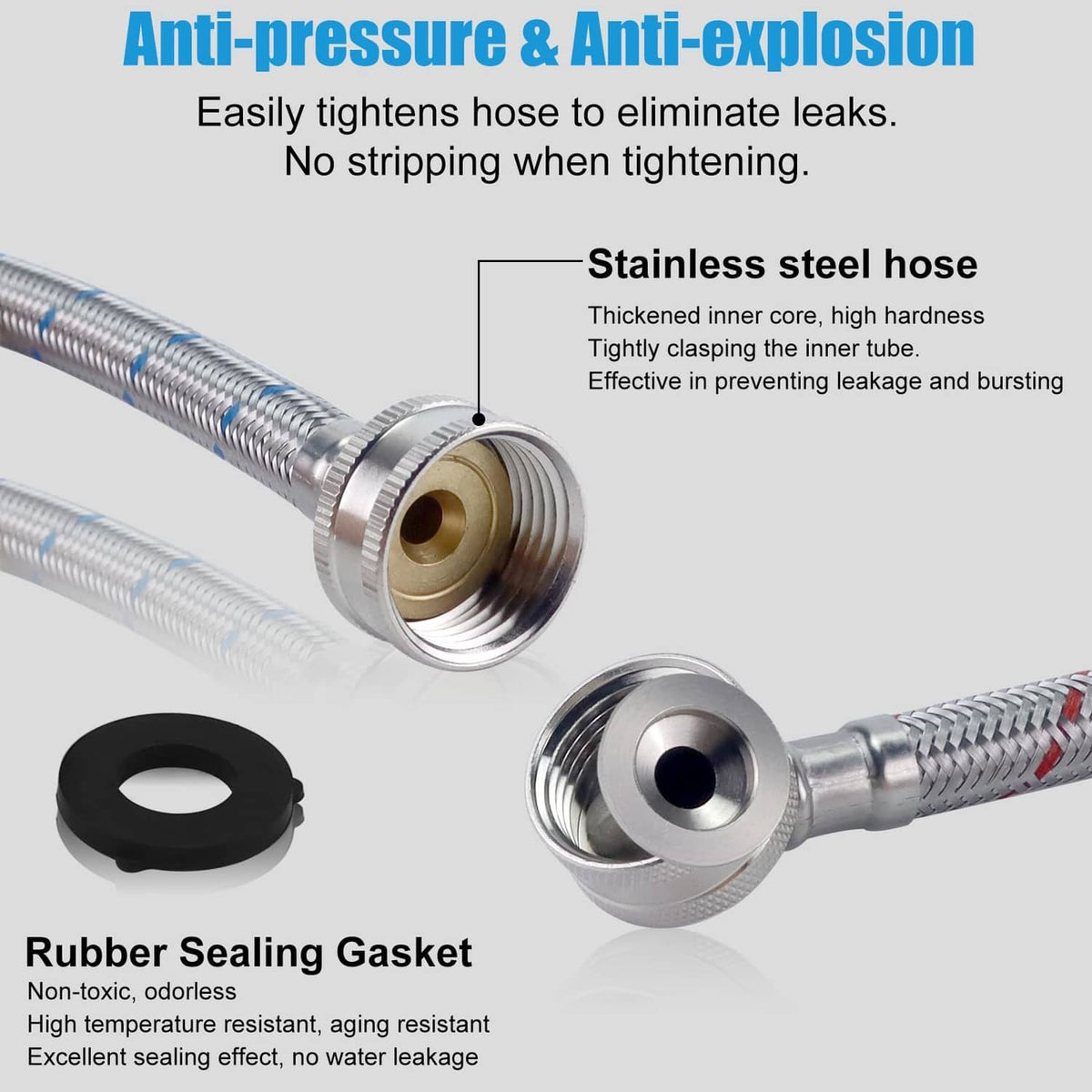 Stainless steel washer hose end with rubber sealing gasket and metal coupling
