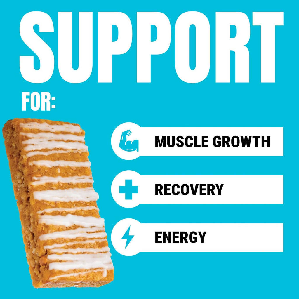Protein bar slice next to support icons for muscle growth, recovery, and energy
