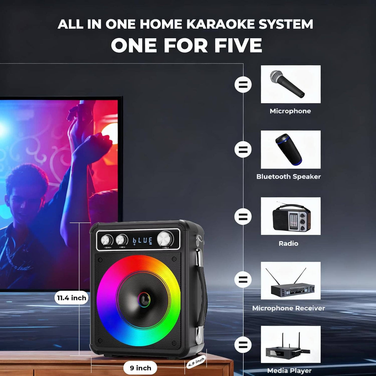 Home karaoke speaker with glowing LED ring and wireless microphone