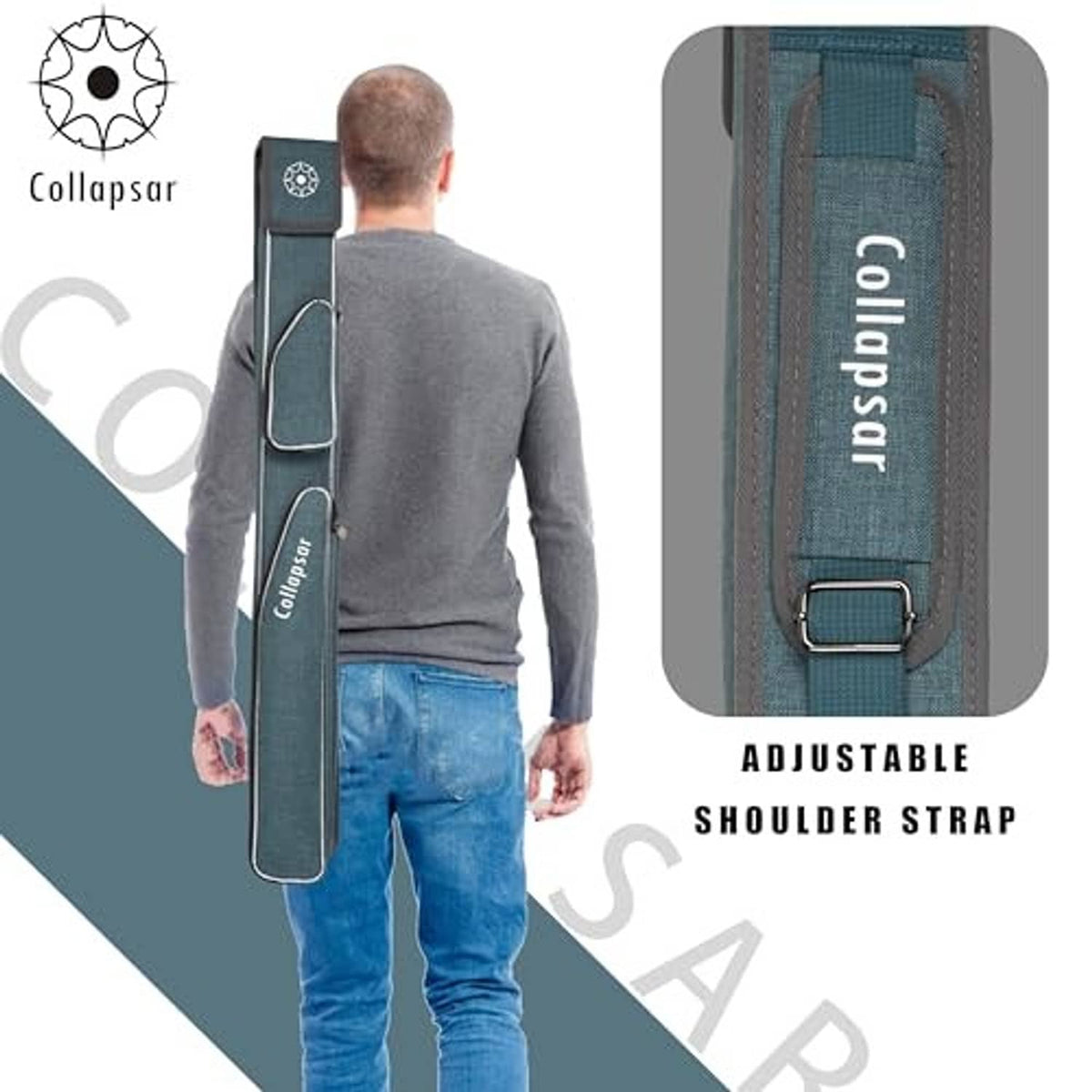 Teal-green cue case with adjustable shoulder strap and side zip pocket