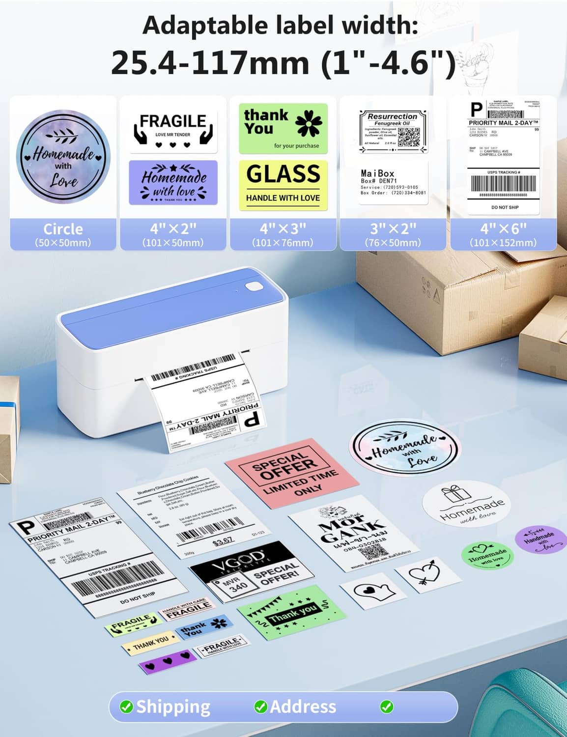 White and blue thermal label printer with assorted label samples and stickers