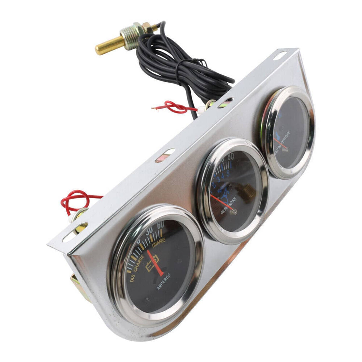 Triple car gauge cluster with chrome dials, mounting plate, and black cable