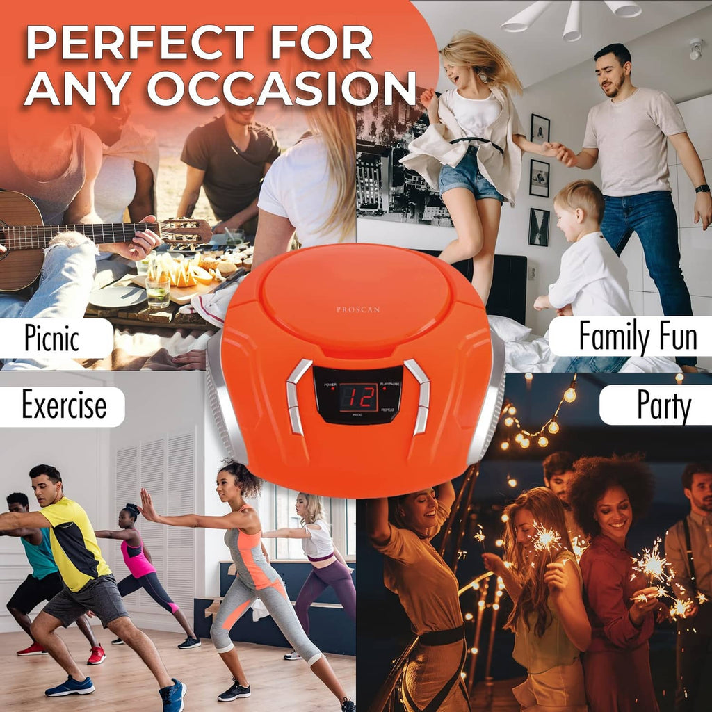 Orange portable CD player boombox with front LCD display and side silver accents