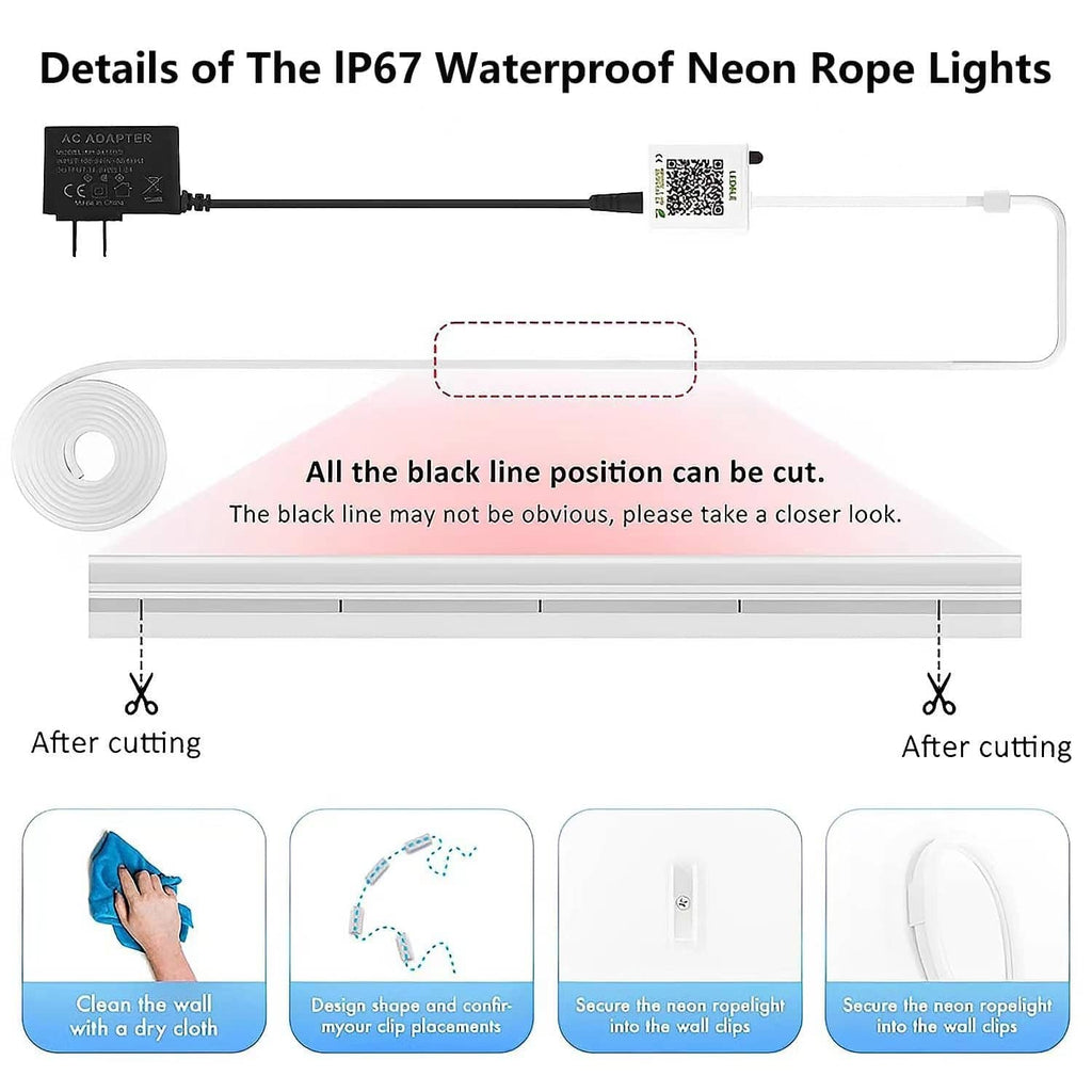 IP67 waterproof neon rope light strip diagram with cut points and mounting clips