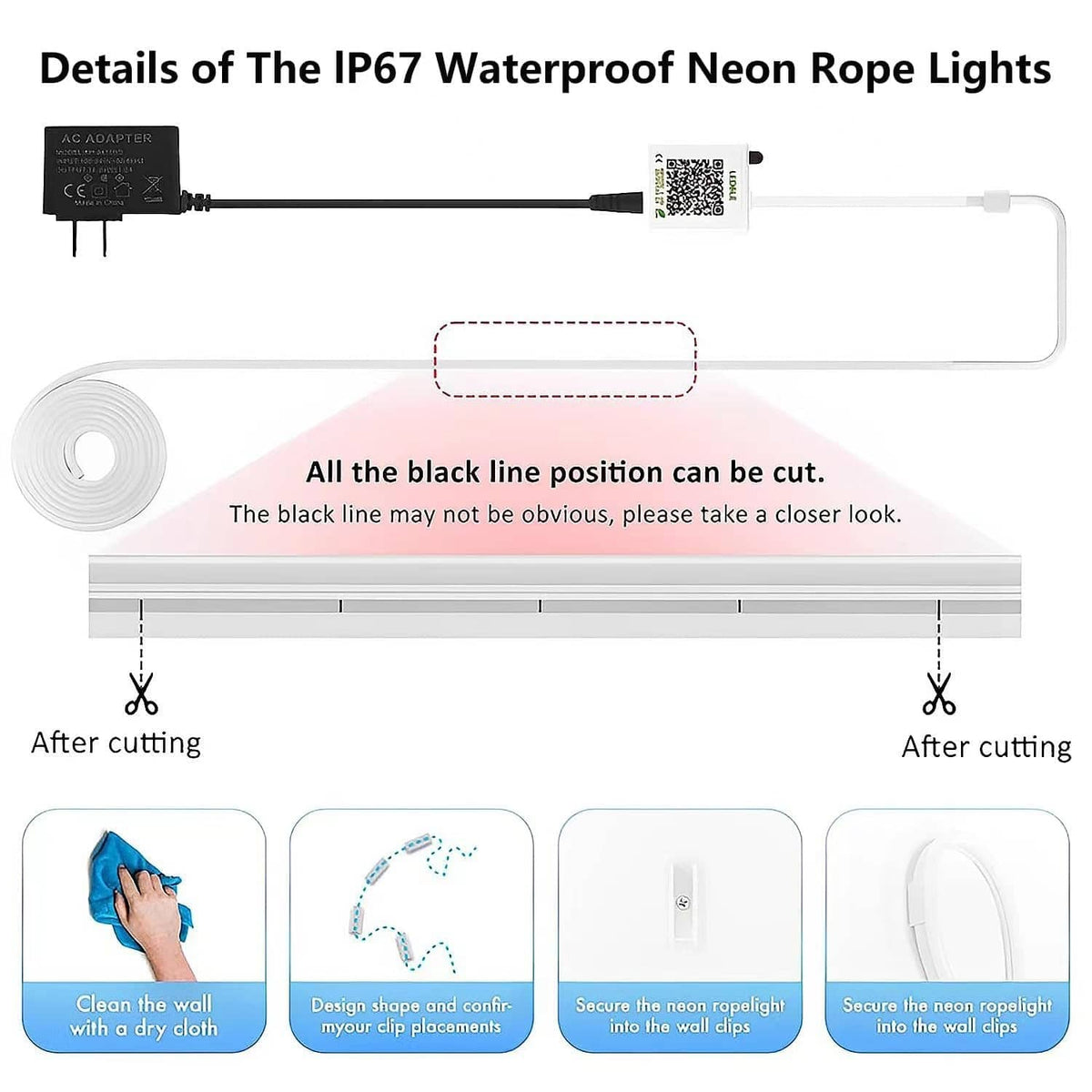IP67 waterproof neon rope light strip diagram with cut points and mounting clips