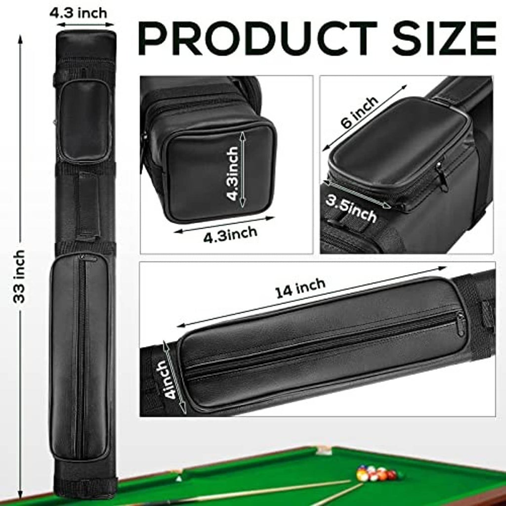Black hard cue case with zip pocket and top handle, shown with size labels