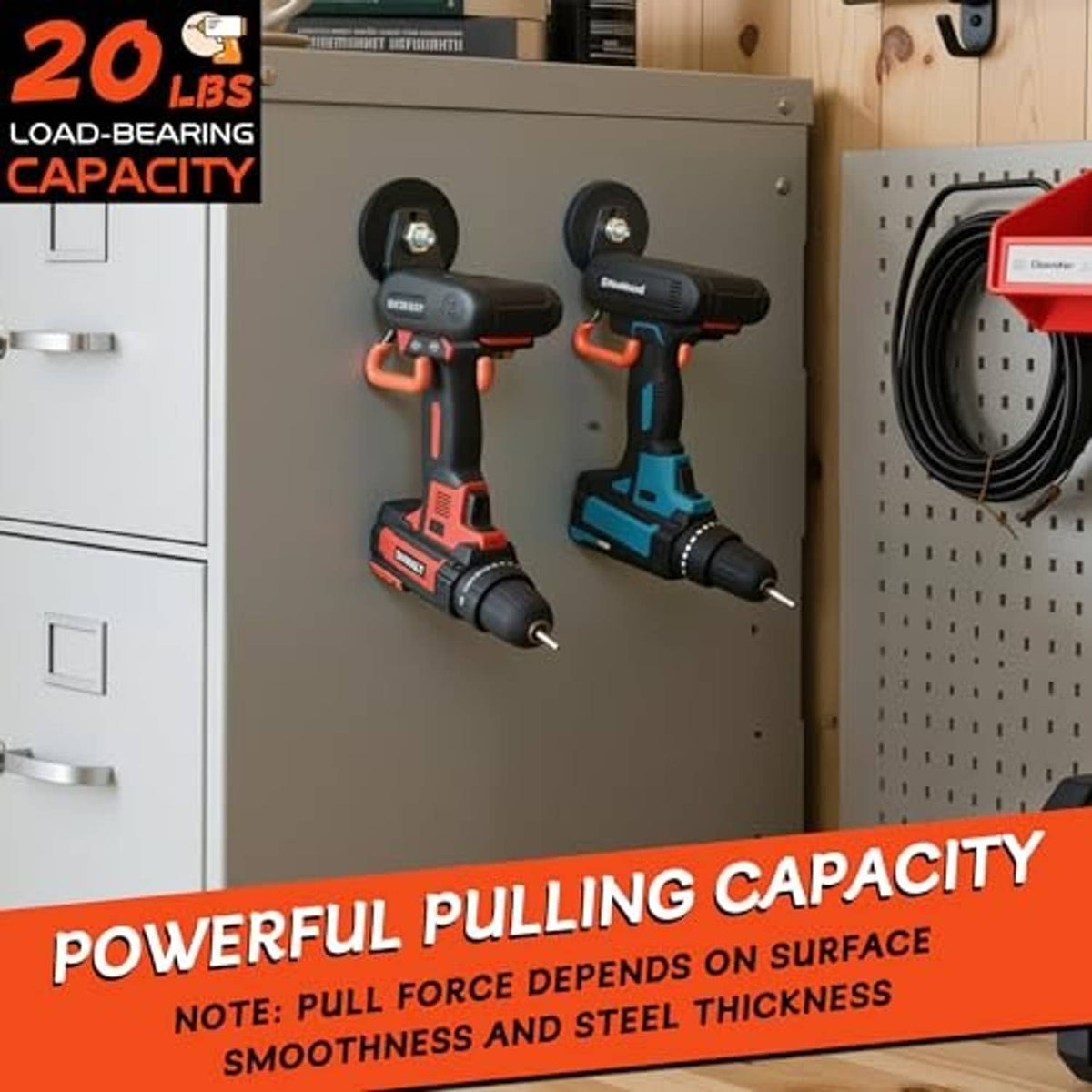 Orange and black magnetic hooks mounted on a workshop metal board near tools