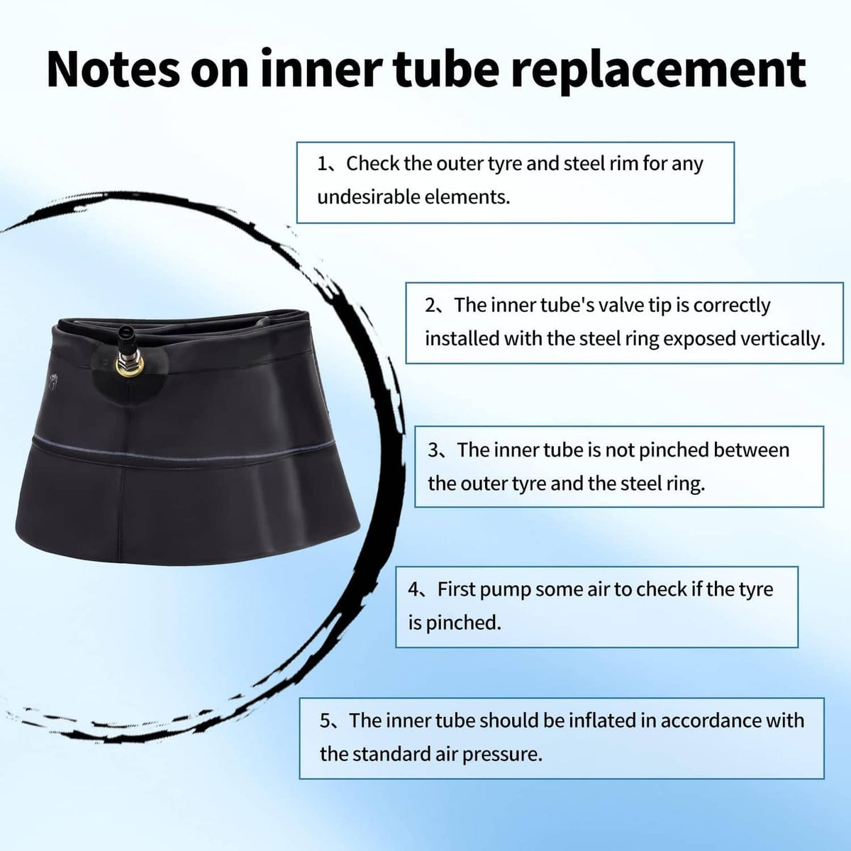 Black motorcycle inner tube section with visible valve stem for replacement