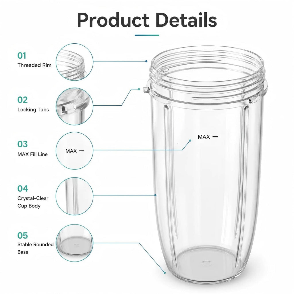 Clear blender replacement cup with threaded rim, locking tabs, MAX fill line