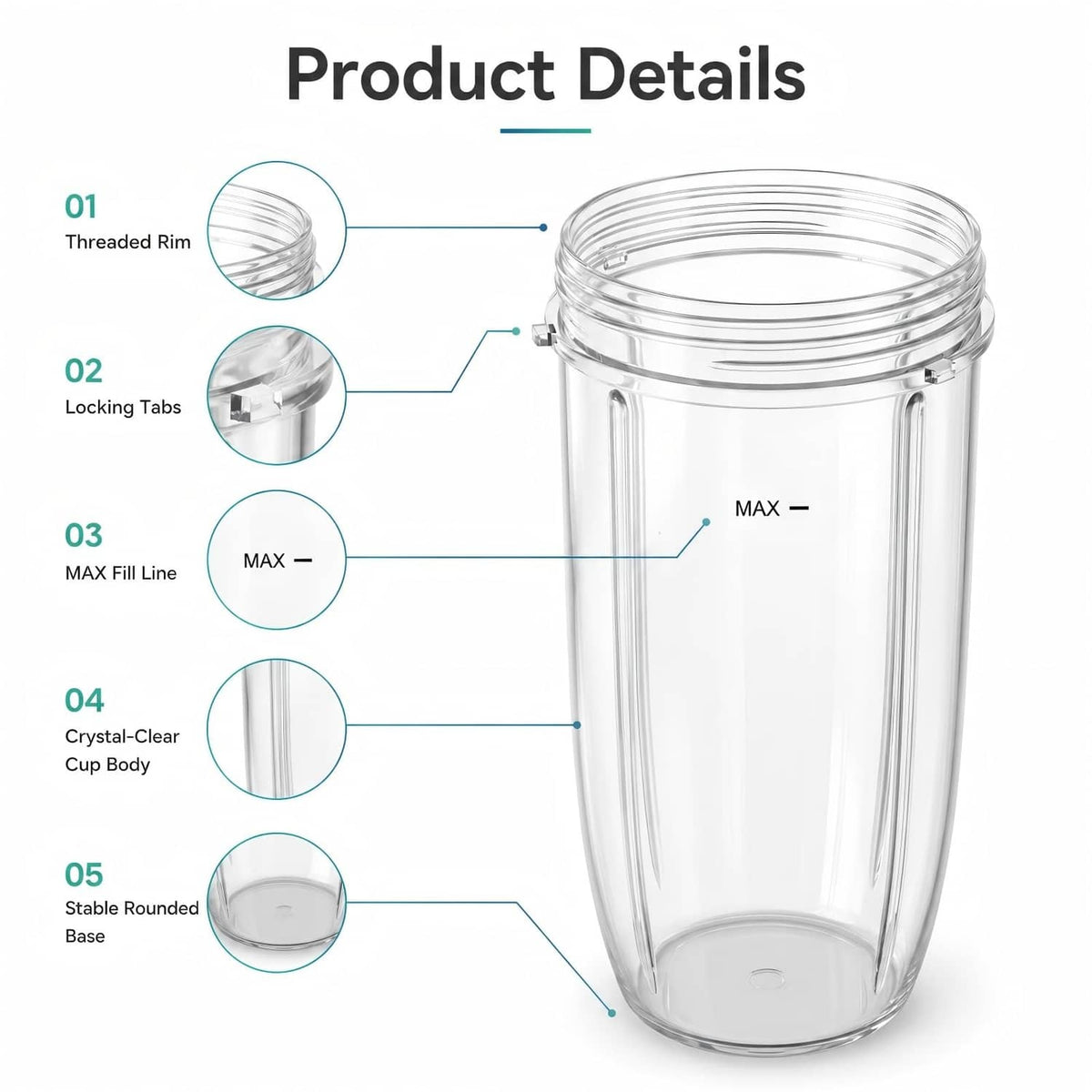 Clear blender replacement cup with threaded rim, locking tabs, MAX fill line