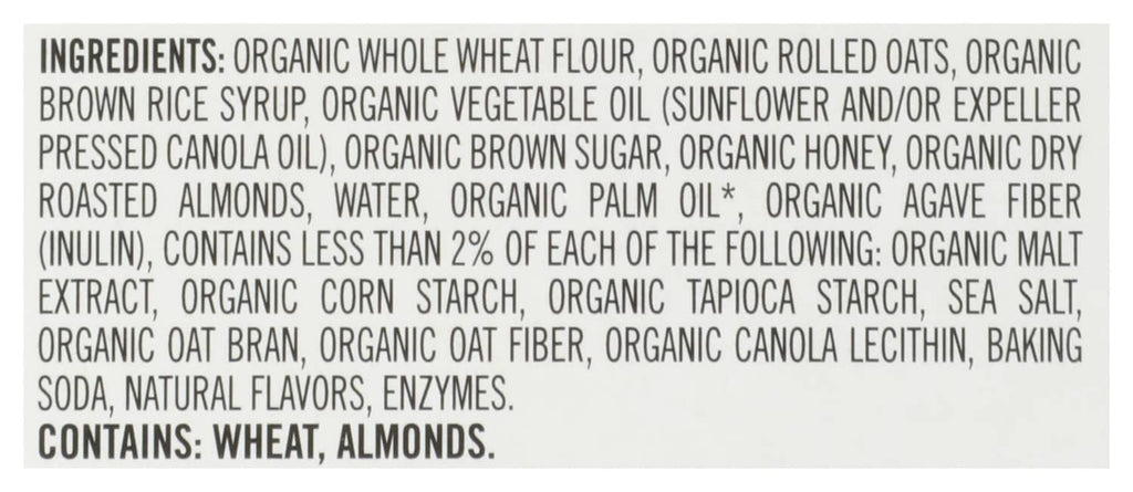 Dave's Killer Bread snack bar ingredient panel with organic whole wheat flour and oats list