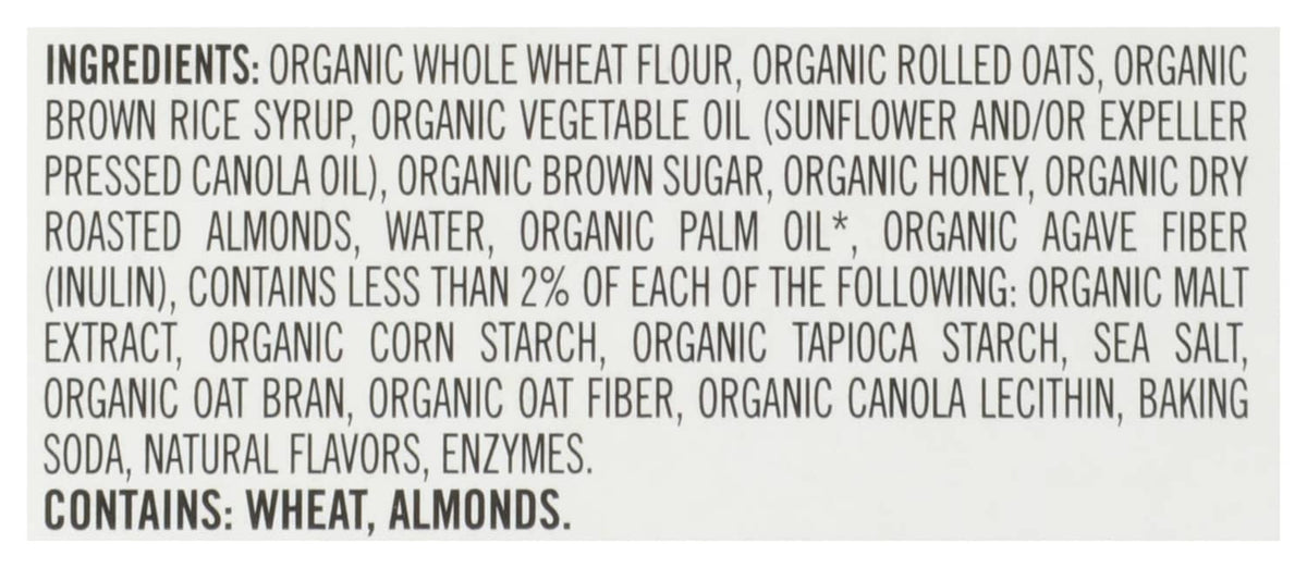 Dave's Killer Bread snack bar ingredient panel with organic whole wheat flour and oats list