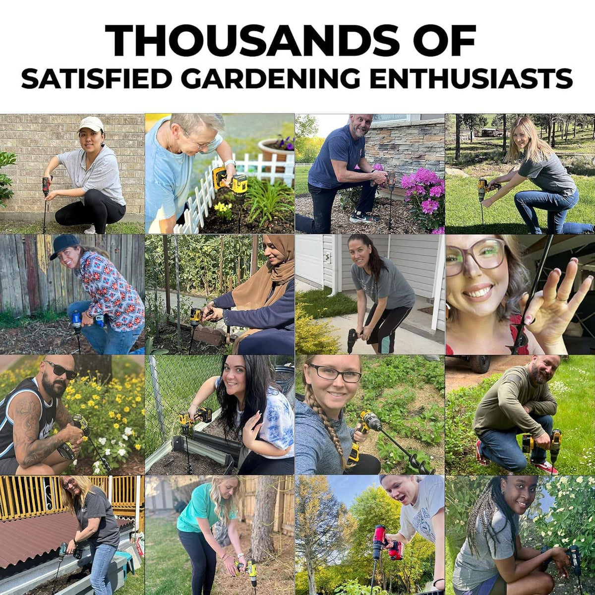 Collage of people gardening with an auger drill bit for satisfaction and results