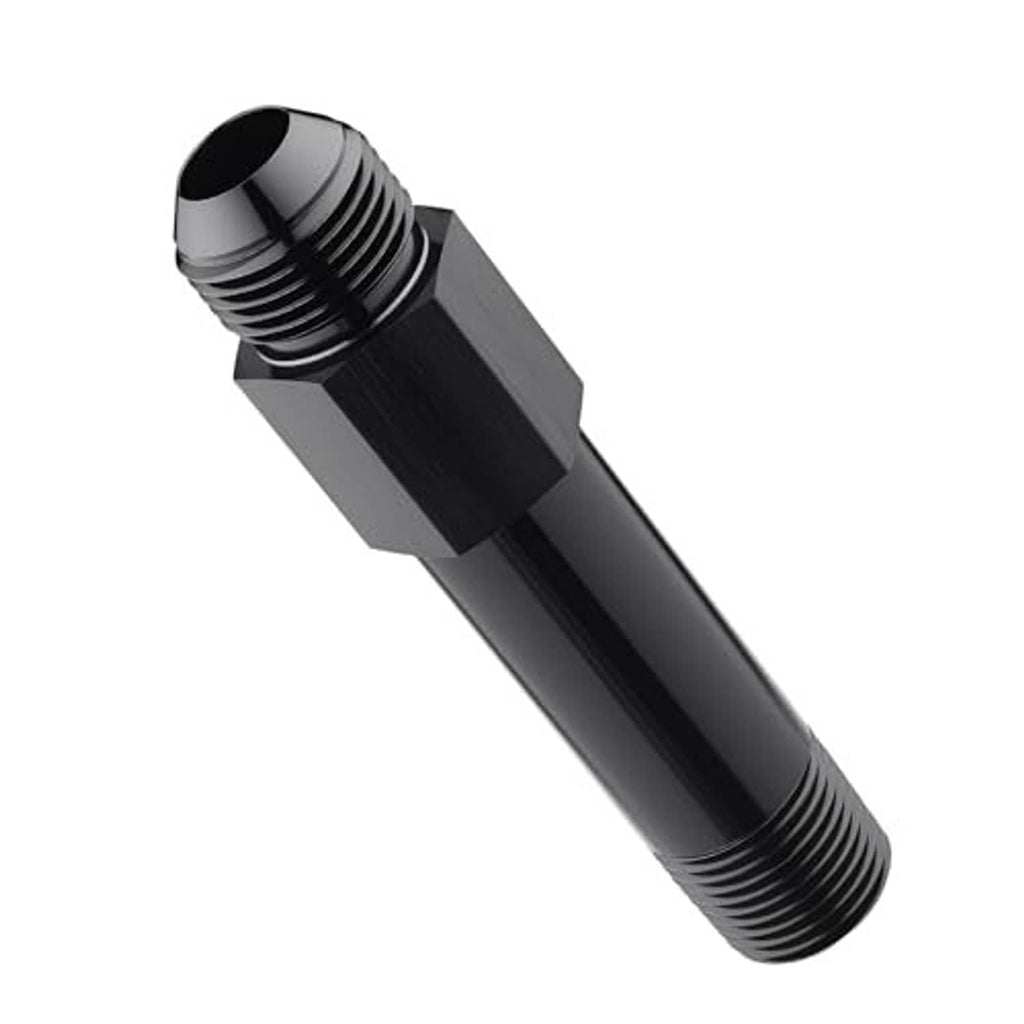 Black aluminum 10AN to 1/2" NPT male swivel fitting, angled view, external threads