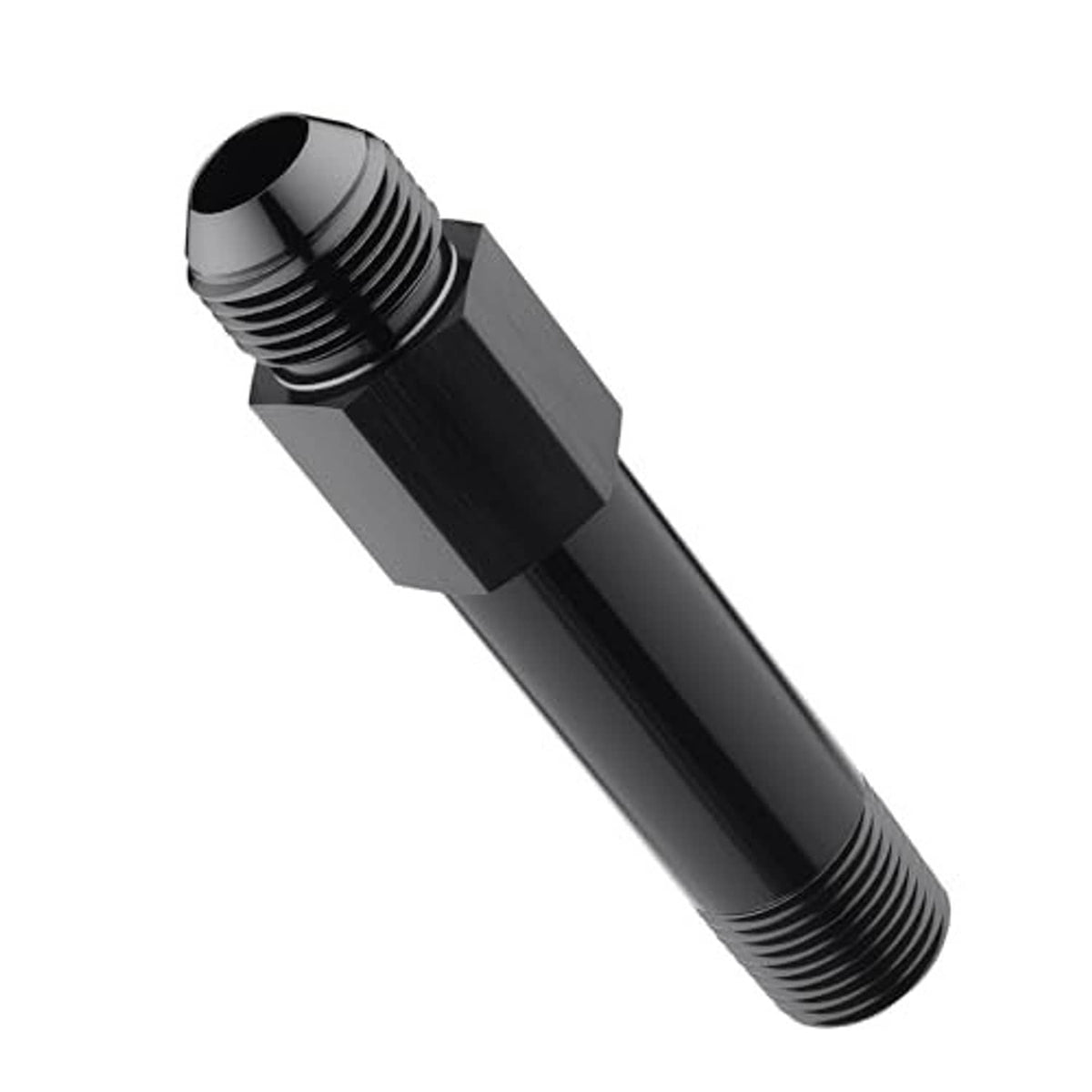 Black aluminum 10AN to 1/2" NPT male swivel fitting, angled view, external threads