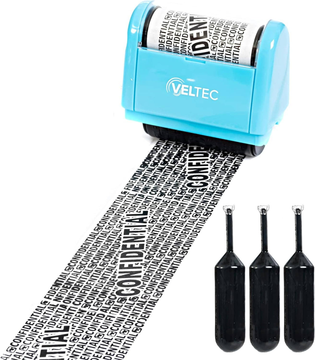 Blue identity ink roller stamp rolling security text pattern with 3 black ink cartridges