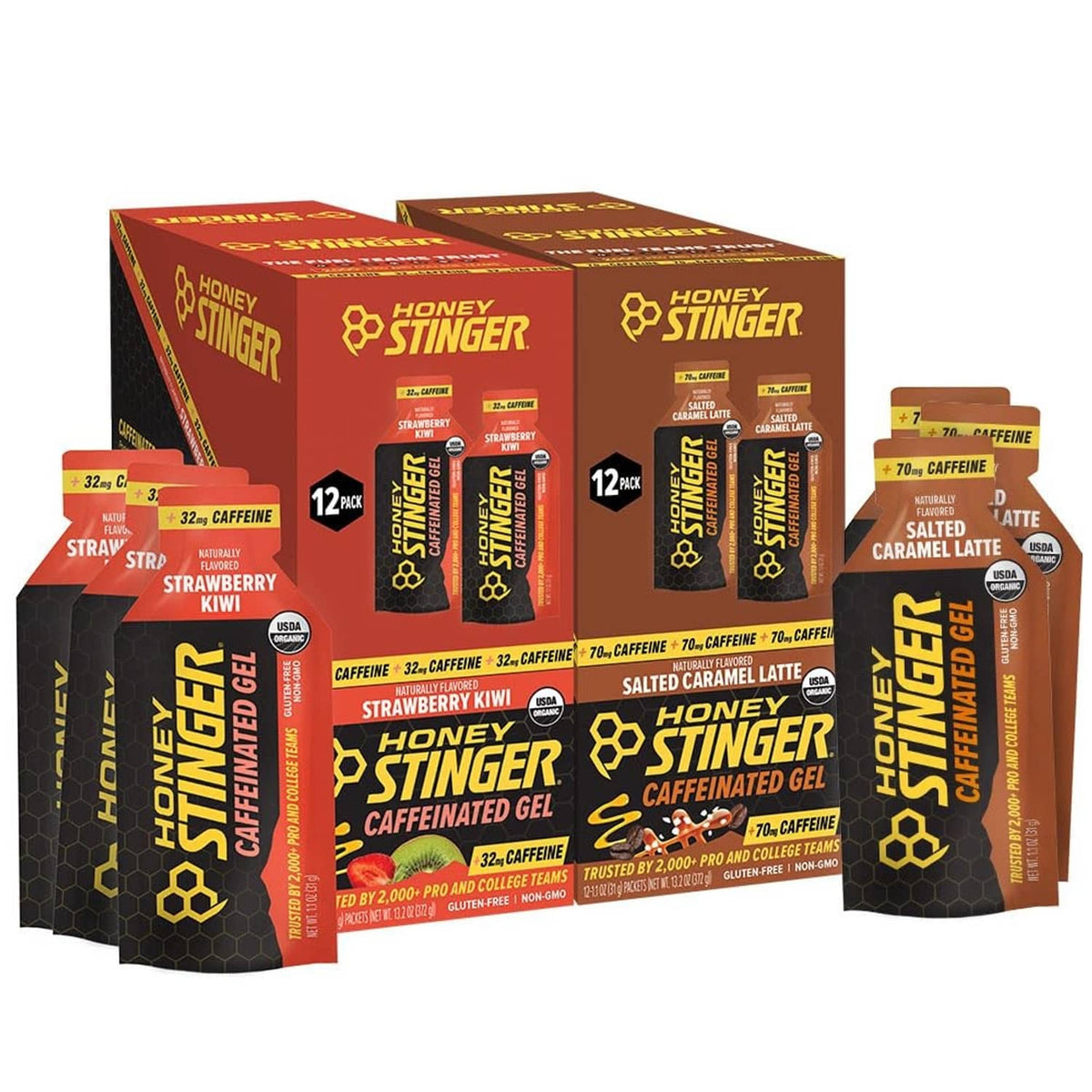 Honey Stinger caffeinated energy gel variety pack with Strawberry Kiwi and Salted Caramel Latte boxes