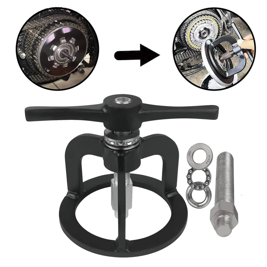 Black clutch spring compressor tool kit with clamp ring, lever, threaded bolt, washers