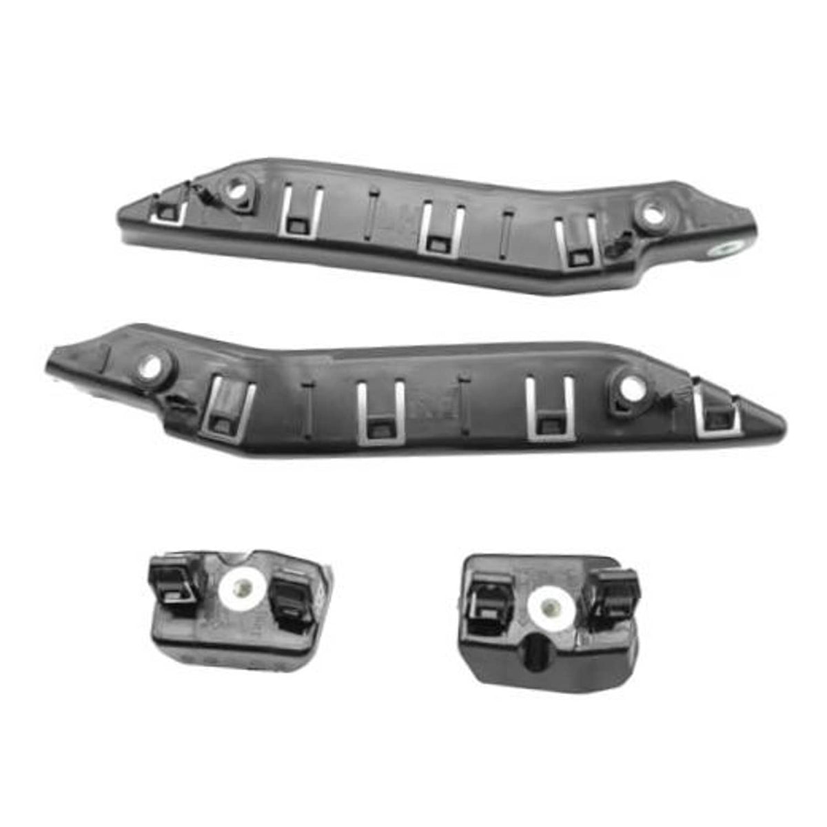 Front bumper bracket retainer set with two dark gray side brackets and two clips