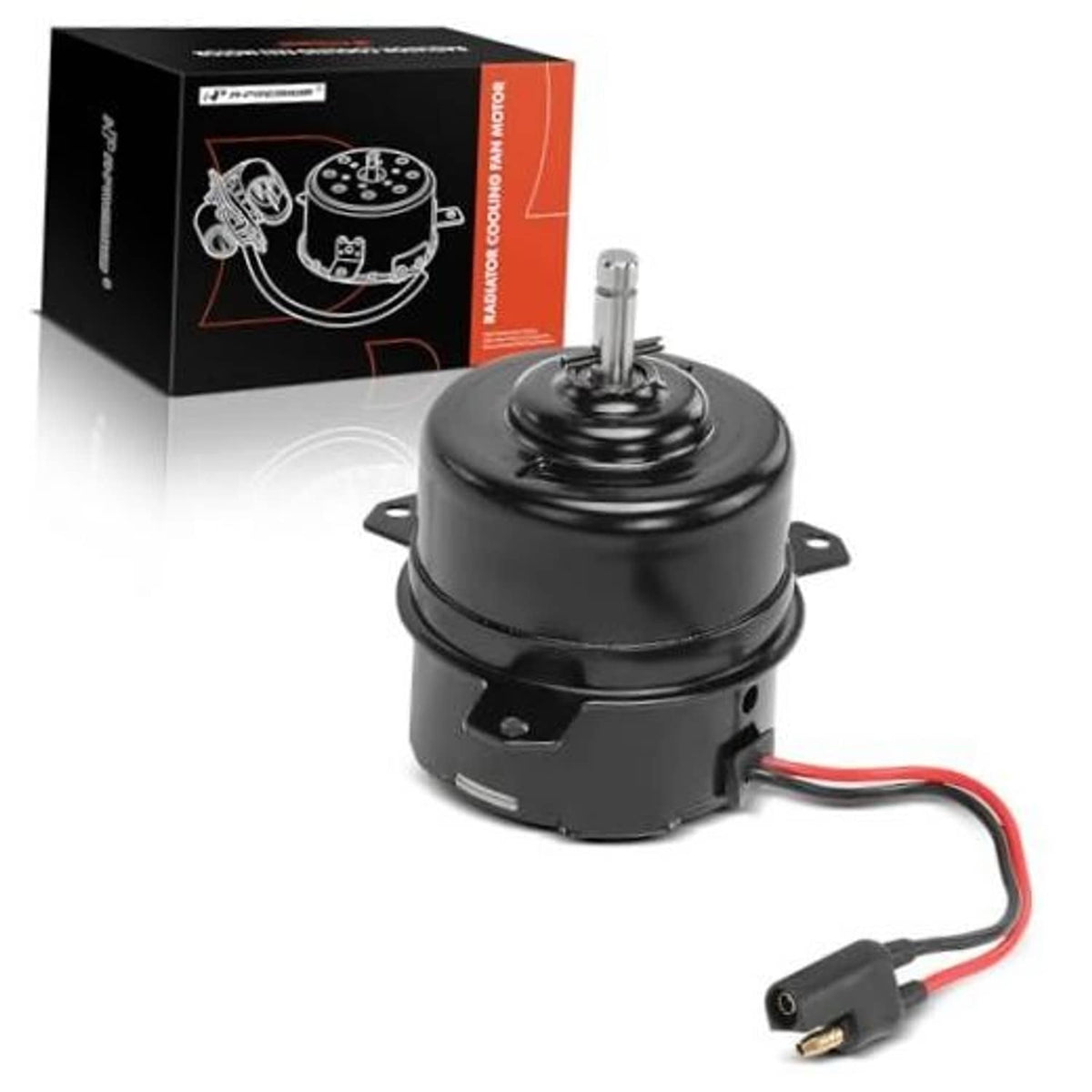 Black radiator fan motor with mounting bracket and red/black power wires