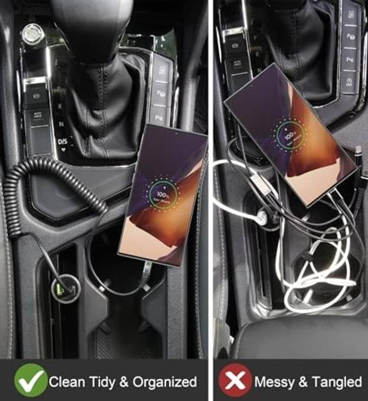 Black USB-C to USB-C coiled cable tidy in car center console